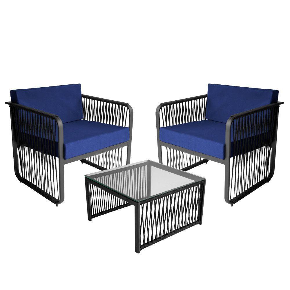 Conjunto 2 Poltronas E Mesa Centro Corda Náutica Santiago Preto-azul - 1
