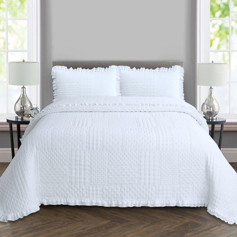 Kit Cobre Leito Colcha Casa Scarpa Maison Queen C/ Babado Percal 300 Fios 3 Peças - Branco - 3