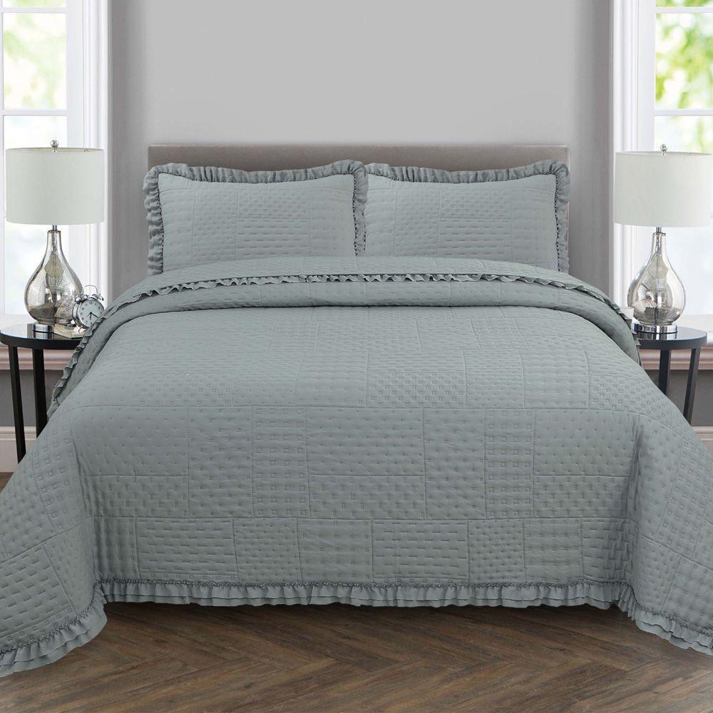 Kit Cobre Leito Colcha Casa Scarpa Maison King C/ Babado Percal 300 Fios 3 Peças - Cinza - 2