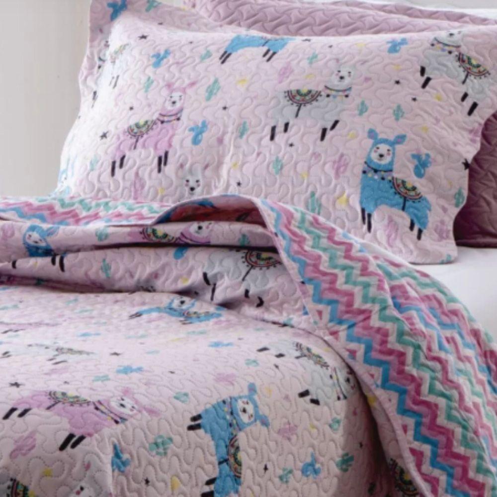 Kit Cobre Leito Colcha Solteiro Infantil Studio Dupla Face Estampado 2 Peças - Lhama - Rosa - 100% Poliéster - 2