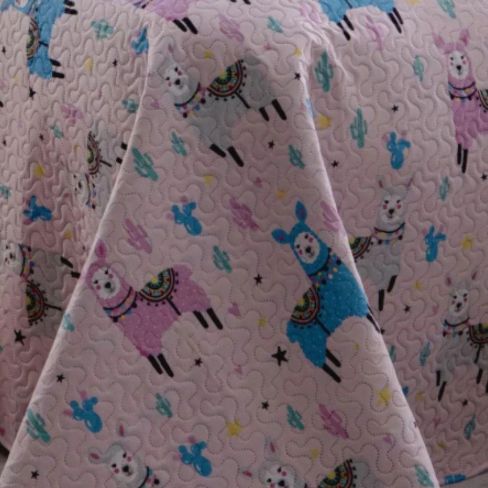 Kit Cobre Leito Colcha Solteiro Infantil Studio Dupla Face Estampado 2 Peças - Lhama - Rosa - 100% Poliéster - 3