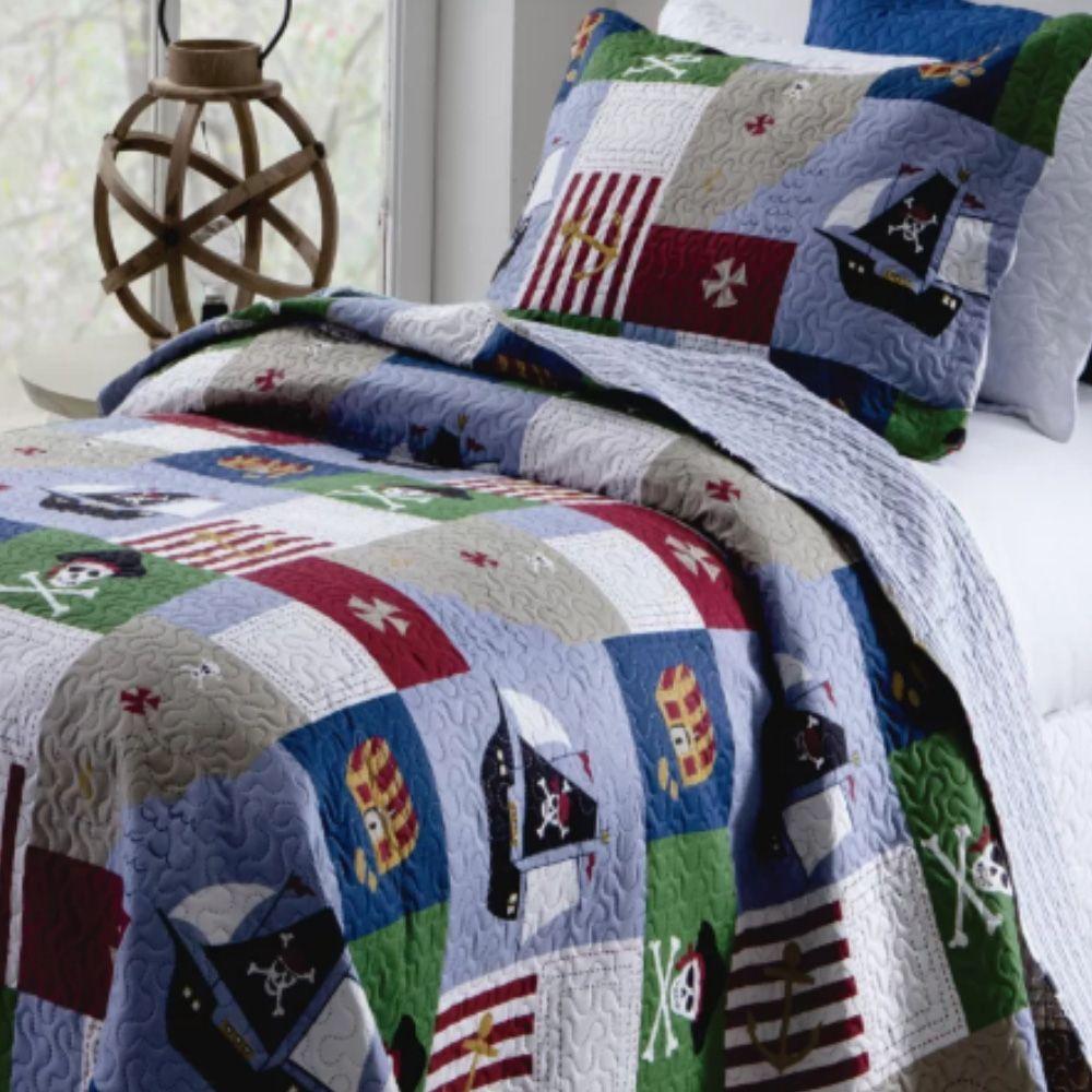 Kit Cobre Leito Colcha Solteiro Infantil Studio Dupla Face Estampado 2 Peças - Pirata - Azul - 100% Poliéster - 2