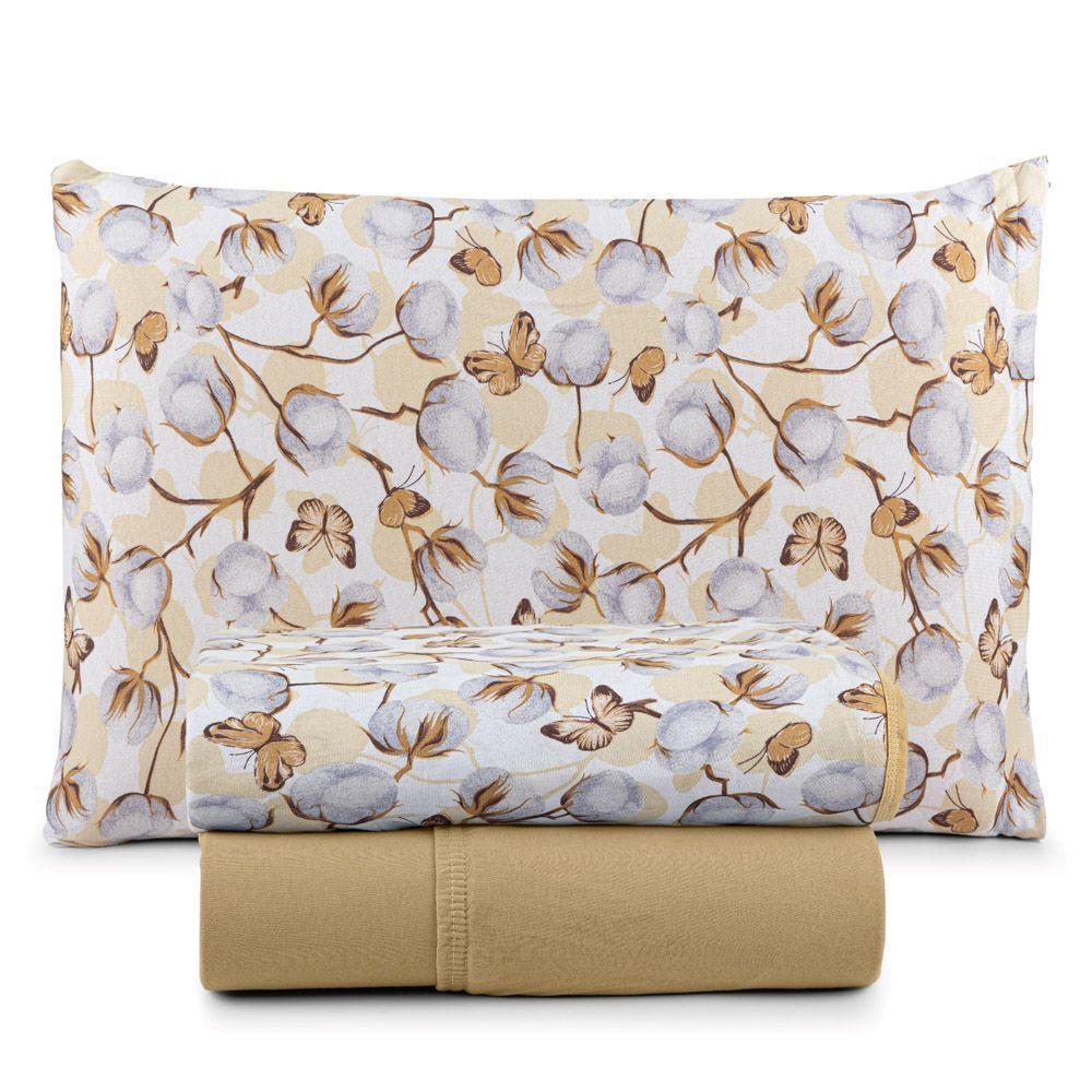 Jogo Cama Lençol Casa Scarpa Sonnet Solteiro Malha Estampada Algodão 3 Peças - Borboleta - Mostarda - 1