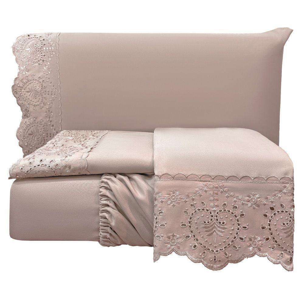 Jogo Cama Lençol Casa Scarpa Detail Queen Bordado Guipir Bordado Inglês Percal 300 Fios 4 Peças - Roxo Malva - 1