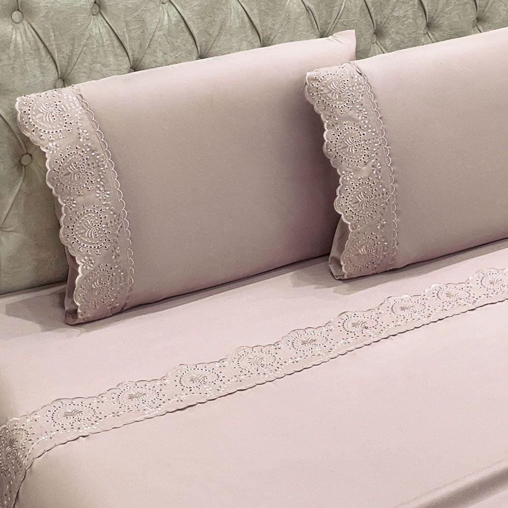 Jogo Cama Lençol Casa Scarpa Detail Queen Bordado Guipir Bordado Inglês Percal 300 Fios 4 Peças - Roxo Malva - 3