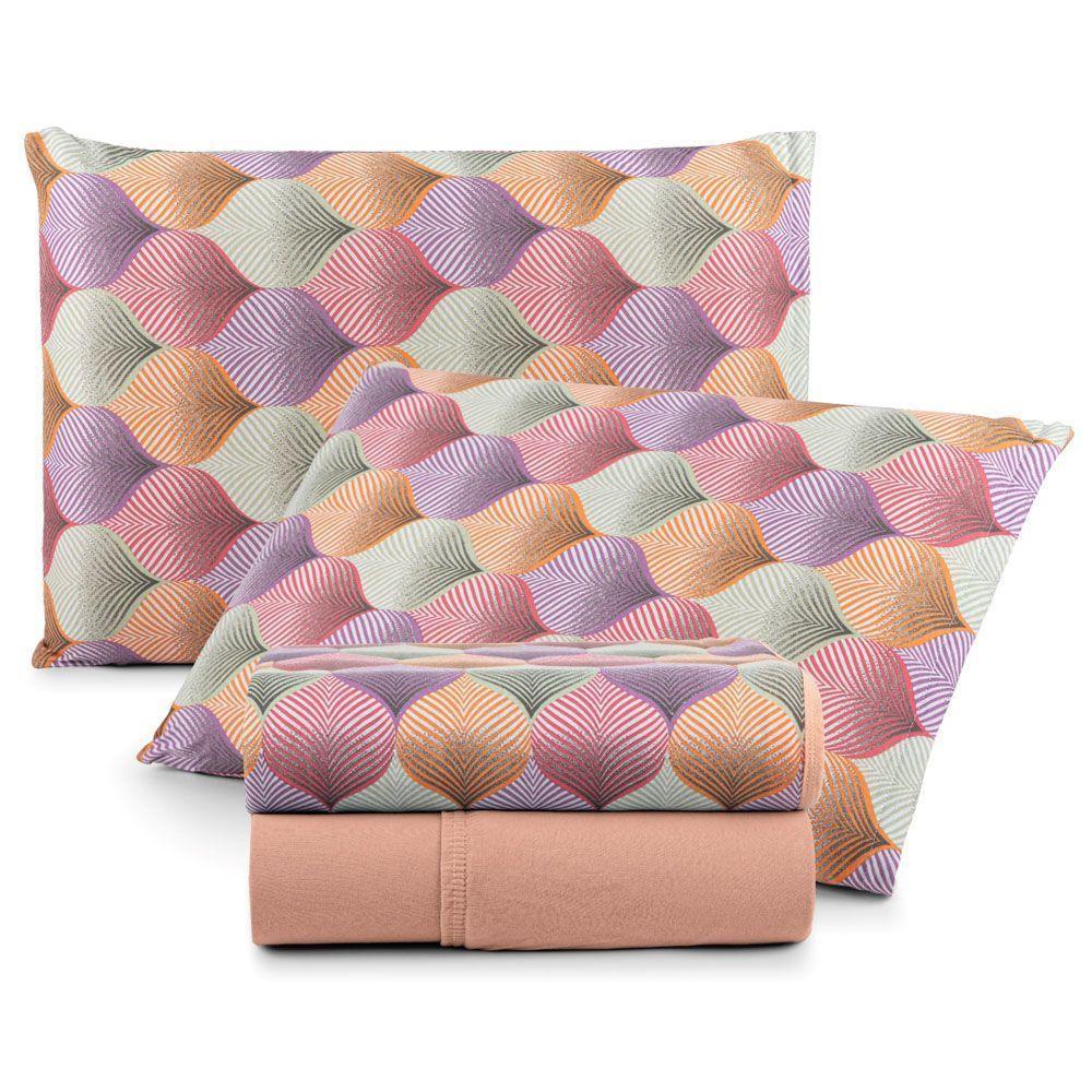 Jogo Cama Lençol Casa Scarpa Sonnet Casal Padrão Malha Estampada Algodão 4 Peças - Mosaico - Salmão - 1