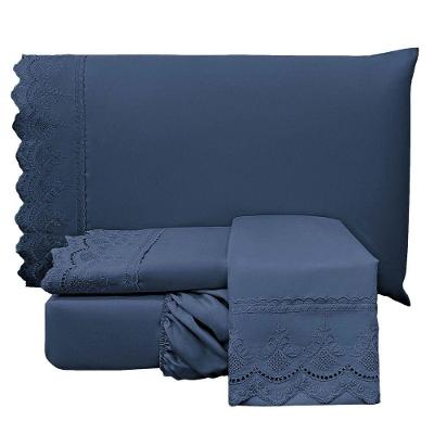 Jogo Cama Lençol Casa Scarpa Loren Queen Bordado Inglês Micro Percal 300 Fios 4 Peças - Azul Jeans