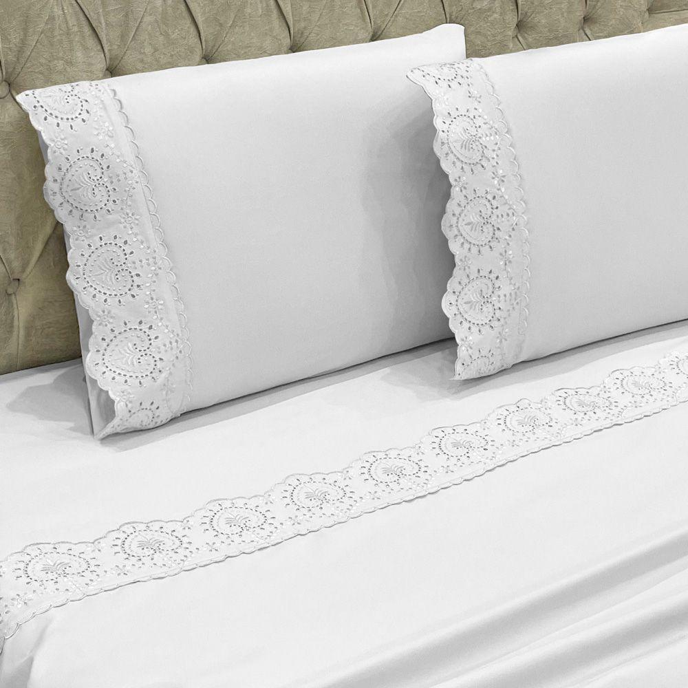 Jogo Cama Lençol Casa Scarpa Detail Casal Padrão Bordado Guipir Bordado Inglês Percal 300 Fios 4 Peças - Branco - 3