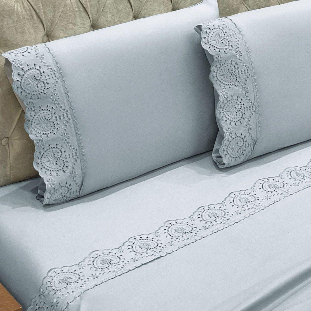 Jogo Cama Lençol Casa Scarpa Detail Queen Bordado Guipir Bordado Inglês Percal 300 Fios 4 Peças - Cinza - 3