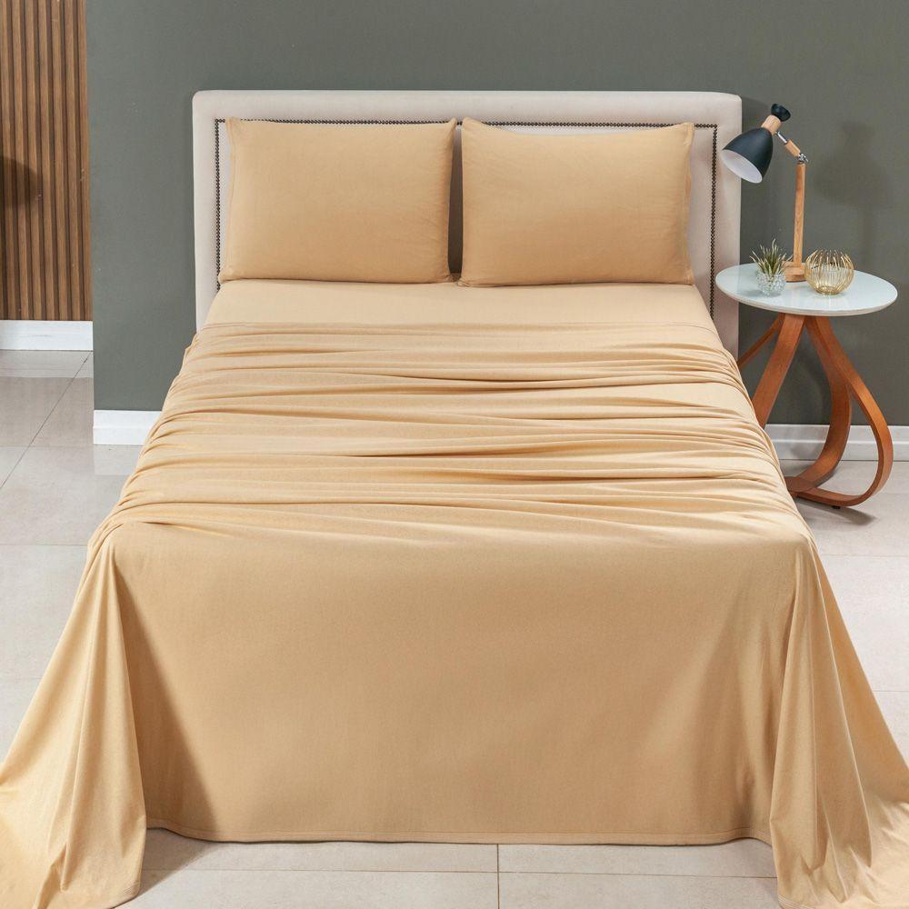 Jogo Cama Lençol Casa Scarpa Sonnet Queen Malha Lisa Algodão Macio 4 Peças - Mostarda - 2