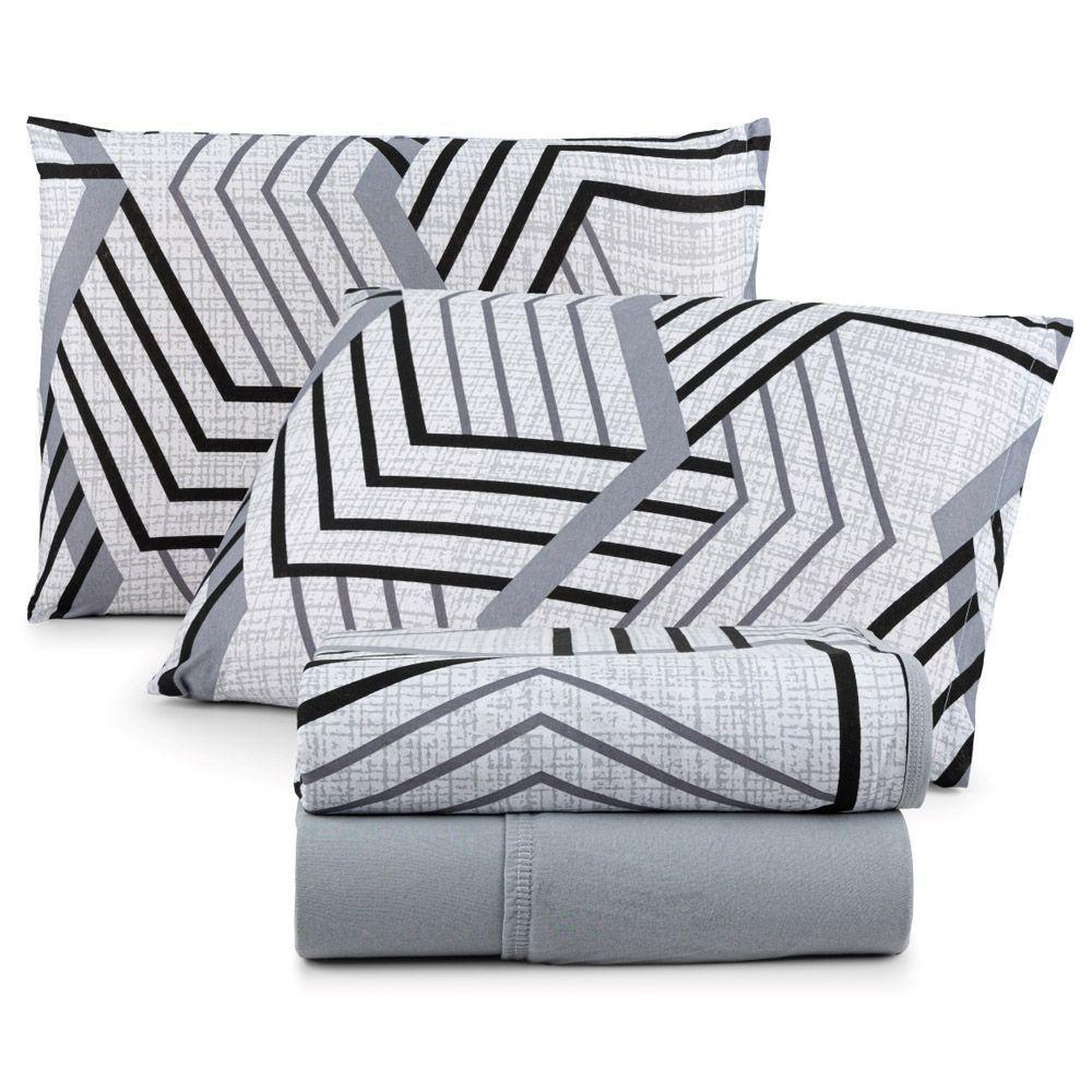 Jogo Cama Lençol Casa Scarpa Sonnet King Malha Estampada Algodão 4 Peças - Geométrico - Cinza - 1