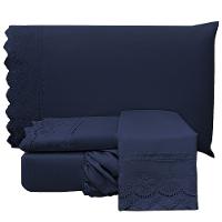 Jogo Cama Lençol Casa Scarpa Loren Casal Padrão Bordado Inglês Micro Percal 300 Fios 4 Peças - Azul Marinho - 1