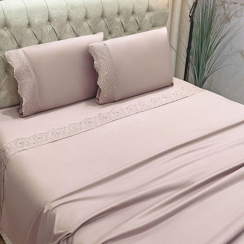 Jogo Cama Lençol Casa Scarpa Detail King Bordado Guipir Bordado Inglês Percal 300 Fios 4 Peças - Roxo Malva - 2