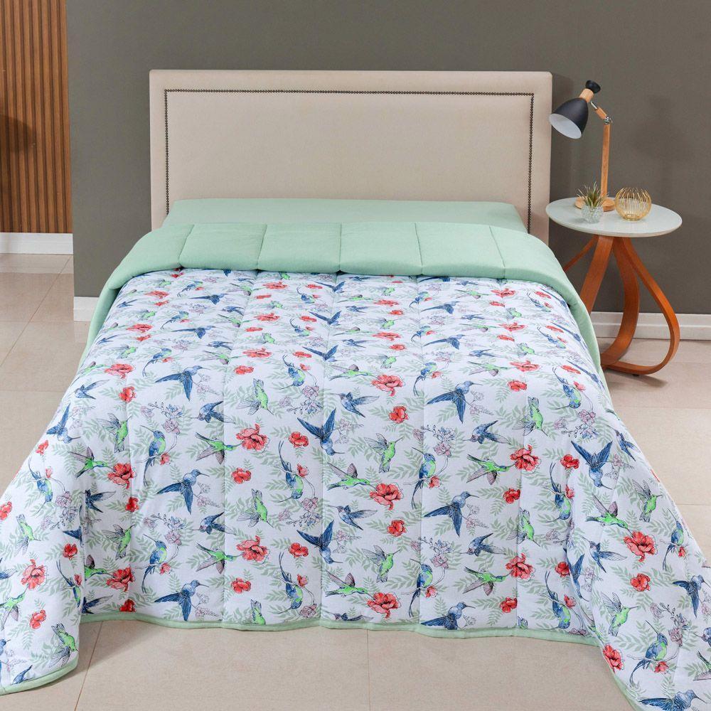 Edredom Cobertor Casa Scarpa Sonnet Queen Malha Estampada Dupla Face Algodão - Beija Flor - Verde - 1