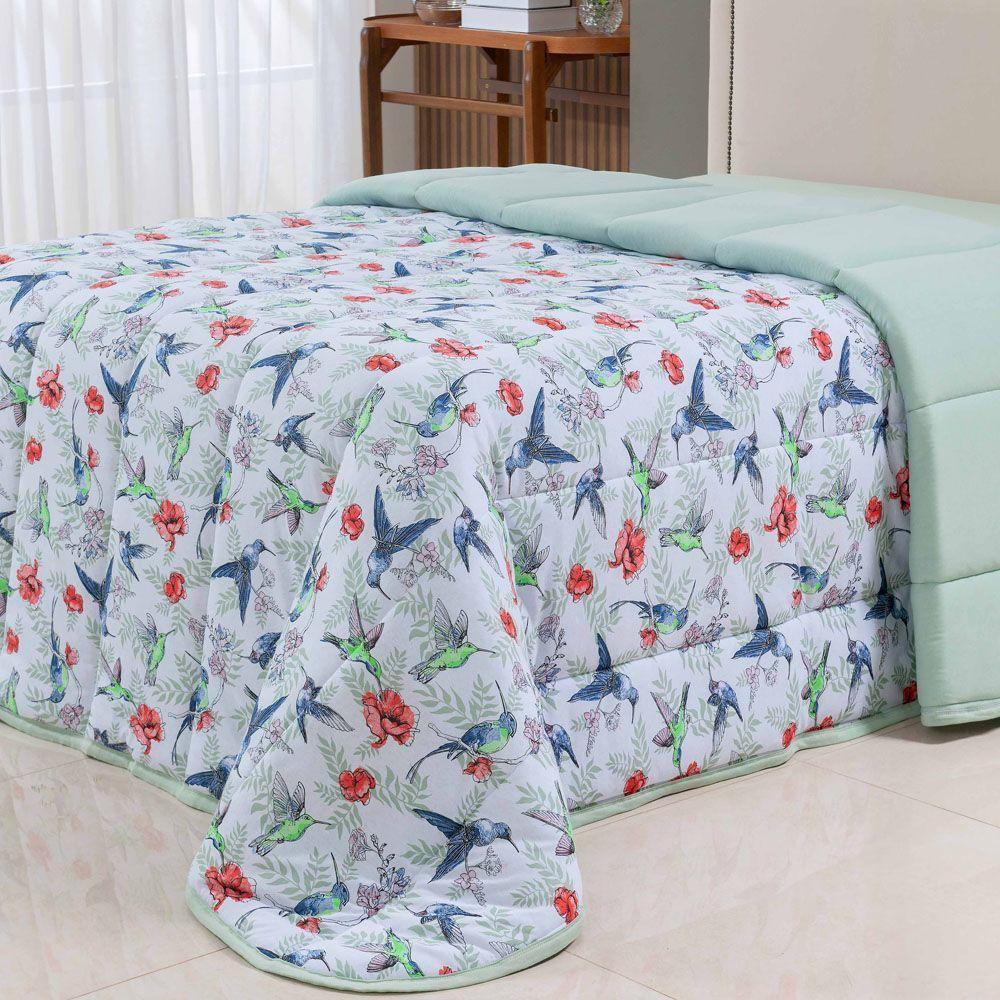 Edredom Cobertor Casa Scarpa Sonnet Queen Malha Estampada Dupla Face Algodão - Beija Flor - Verde - 2
