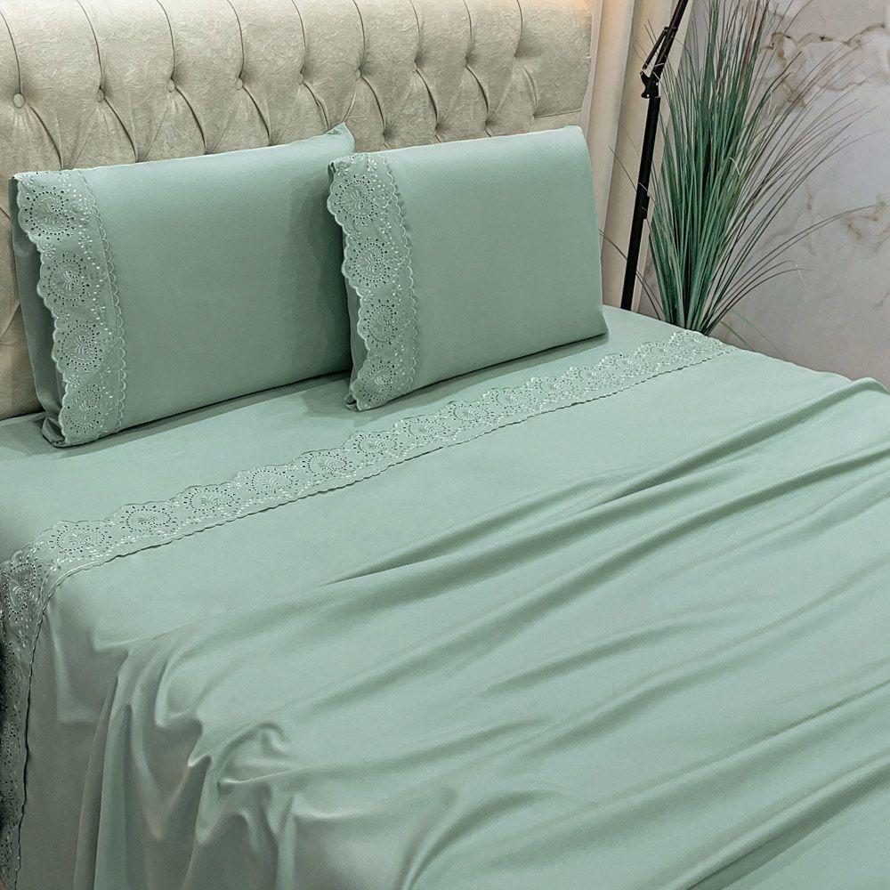 Jogo Cama Lençol Casa Scarpa Detail Casal Padrão Bordado Guipir Bordado Inglês Percal 300 Fios 4 Peças - Verde Menta - 2