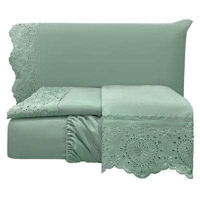 Jogo Cama Lençol Casa Scarpa Detail Casal Padrão Bordado Guipir Bordado Inglês Percal 300 Fios 4 Peças - Verde Menta
