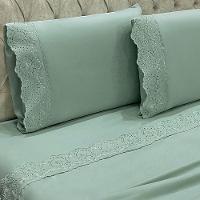 Jogo Cama Lençol Casa Scarpa Detail Casal Padrão Bordado Guipir Bordado Inglês Percal 300 Fios 4 Peças - Verde Menta - 3