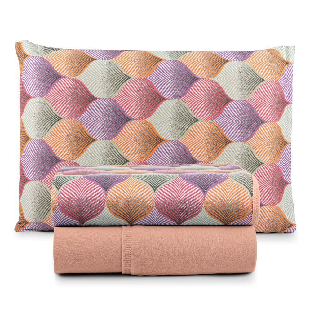 Jogo Cama Lençol Casa Scarpa Sonnet Solteiro Malha Estampada Algodão 3 Peças - Mosaico - Salmão - 1