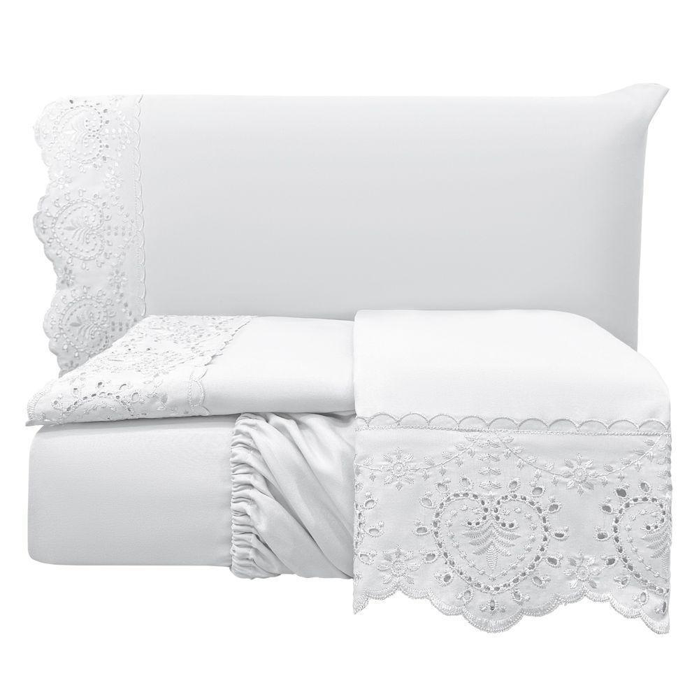 Jogo Cama Lençol Casa Scarpa Detail Queen Bordado Guipir Bordado Inglês Percal 300 Fios 4 Peças - Branco - 1