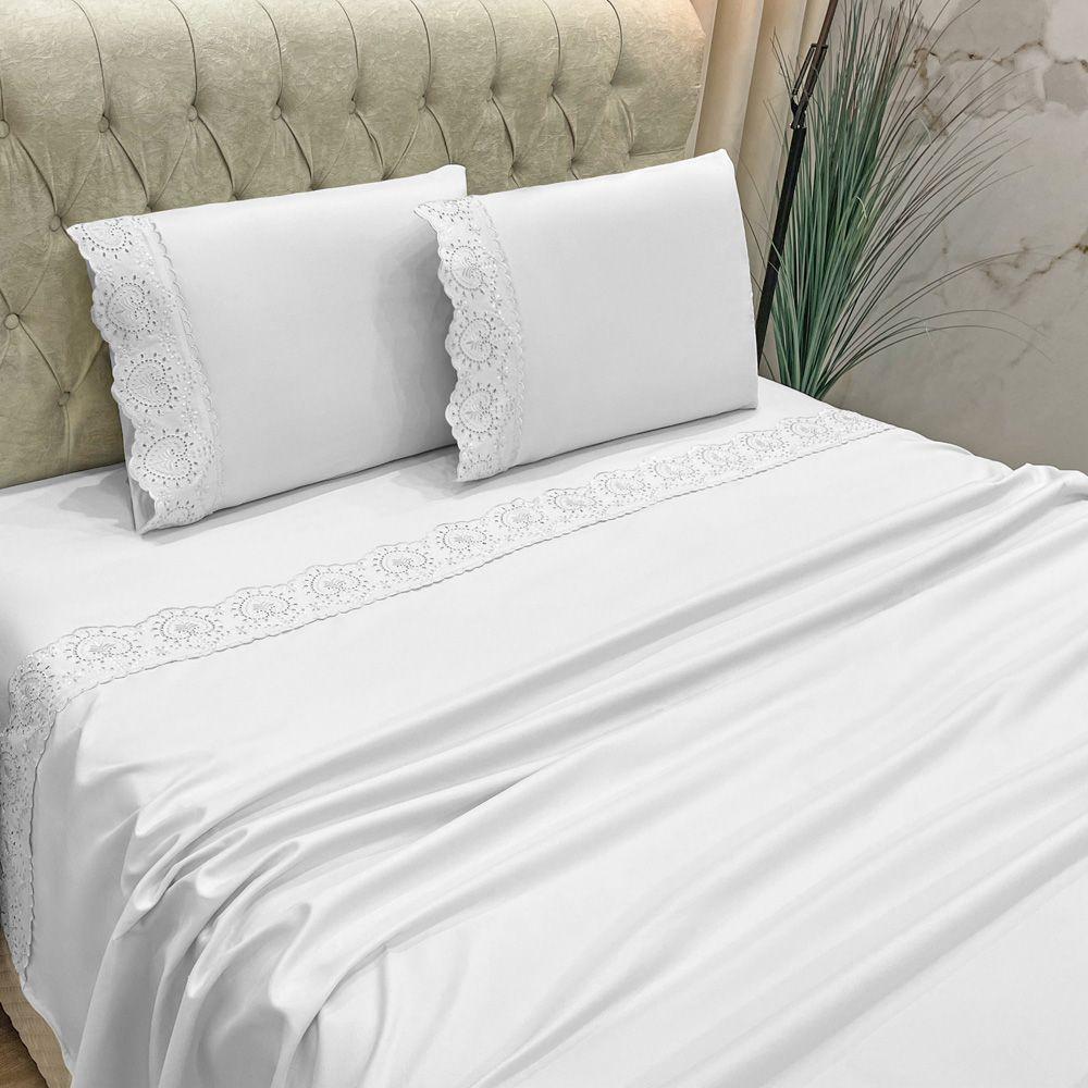 Jogo Cama Lençol Casa Scarpa Detail Queen Bordado Guipir Bordado Inglês Percal 300 Fios 4 Peças - Branco - 2