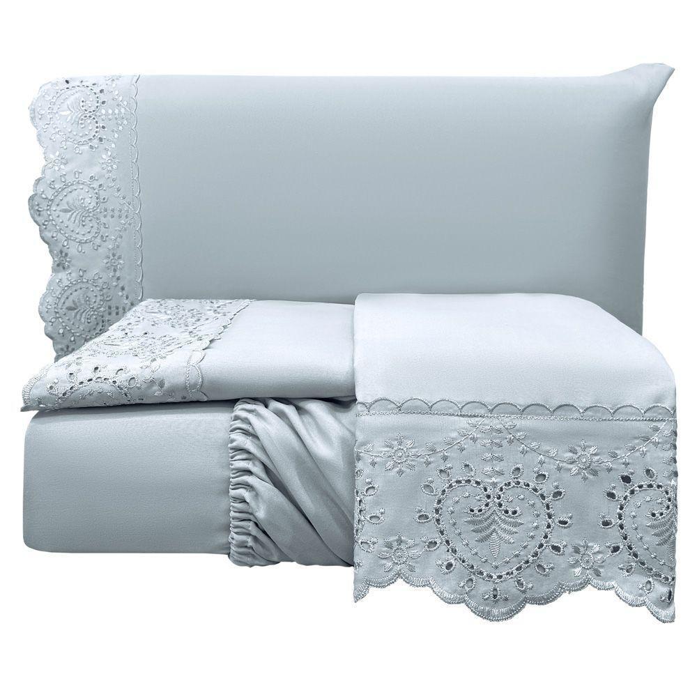 Jogo Cama Lençol Casa Scarpa Detail Casal Padrão Bordado Guipir Bordado Inglês Percal 300 Fios 4 Peças - Cinza - 1