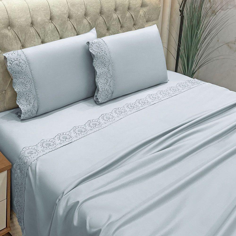 Jogo Cama Lençol Casa Scarpa Detail Casal Padrão Bordado Guipir Bordado Inglês Percal 300 Fios 4 Peças - Cinza - 2