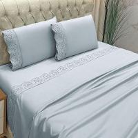 Jogo Cama Lençol Casa Scarpa Detail Casal Padrão Bordado Guipir Bordado Inglês Percal 300 Fios 4 Peças - Cinza - 2