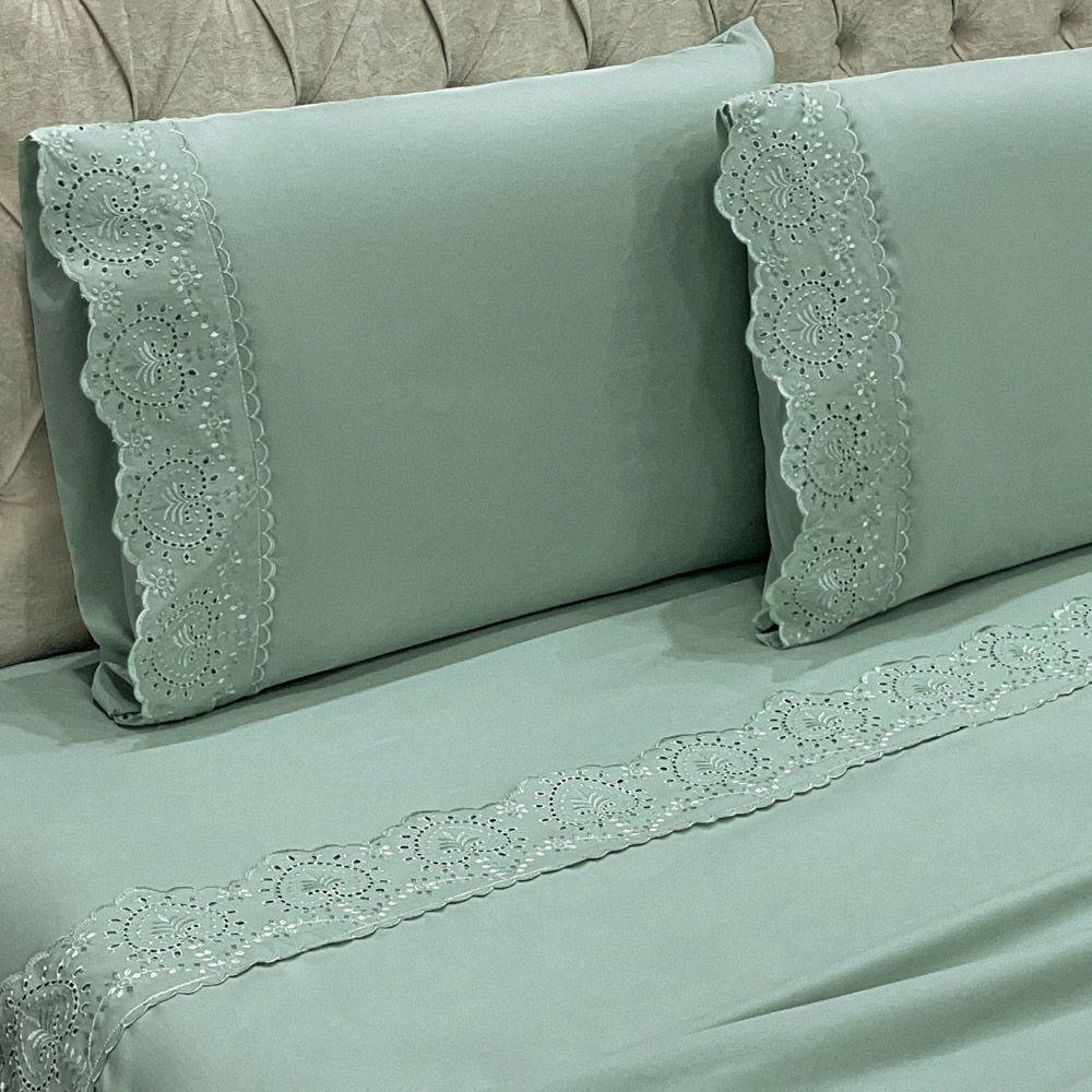 Jogo Cama Lençol Casa Scarpa Detail Queen Bordado Guipir Bordado Inglês Percal 300 Fios 4 Peças - Verde Menta - 3