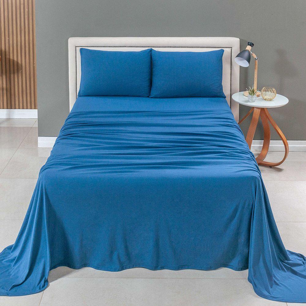 Jogo De Cama Lençol Sereno Solteiro 3 Peças Em Malha Algodão Marinho 100% Algodão - 3
