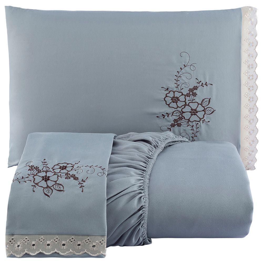 Jogo De Cama Lençol Solteiro Bordado Advance 2 Peças Cinza 100% Poliéster - 1