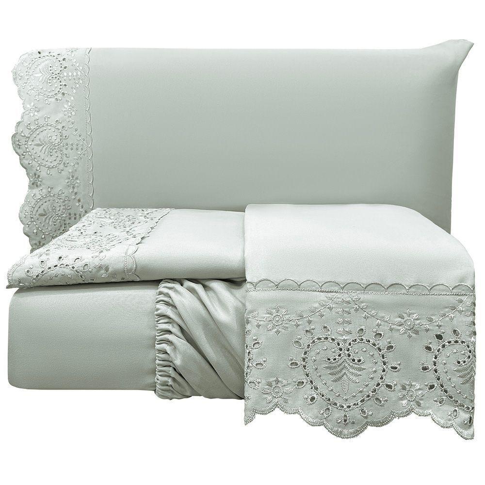 Jogo De Cama Lençol King Nupcial Percal 300 Fios 4 Peças Cinza 100% Poliéster - 1