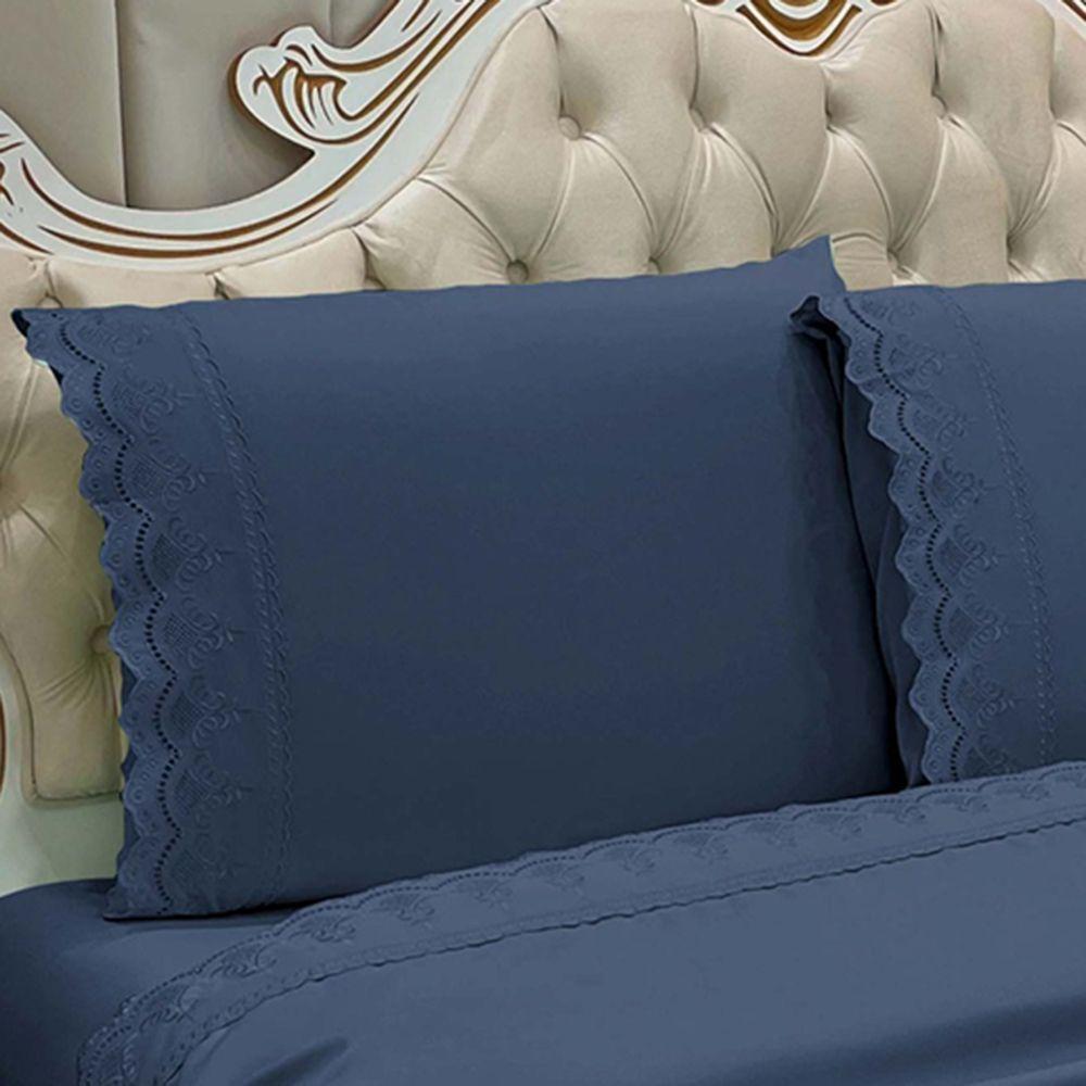 Jogo De Cama Lençol Queen Supremo 3 Peças Micropercal 300 Fios Marinho 100% Poliéster - 3