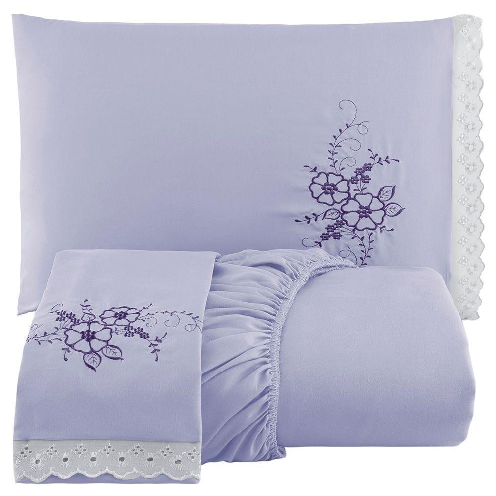Jogo De Cama Lençol Solteiro Bordado Advance 2 Peças Lilás 100% Poliéster - 1