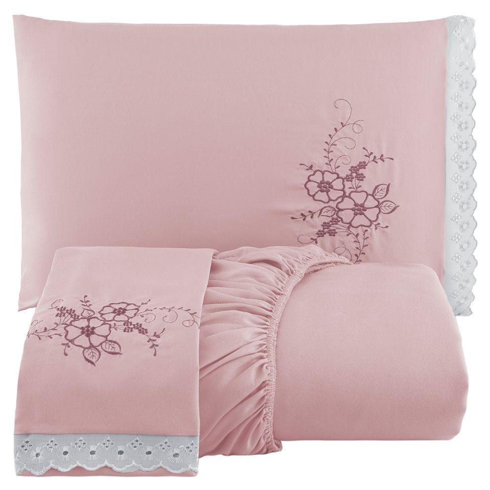 Jogo De Cama Lençol Solteiro Bordado Advance 2 Peças Rosê 100% Poliéster - 1