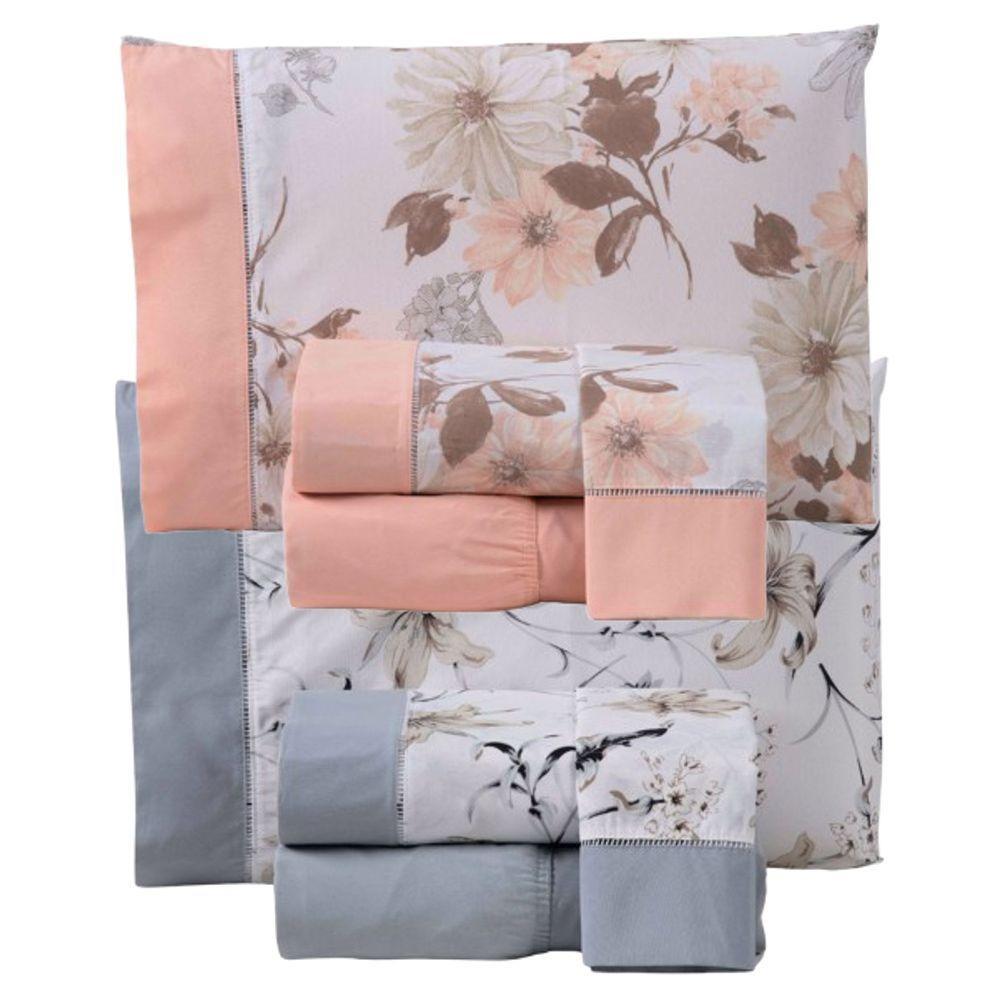 Combo 2 Jogo De Cama Lençol Queen California 4 Peças Salmão Cinza 100% Poliéster - 1