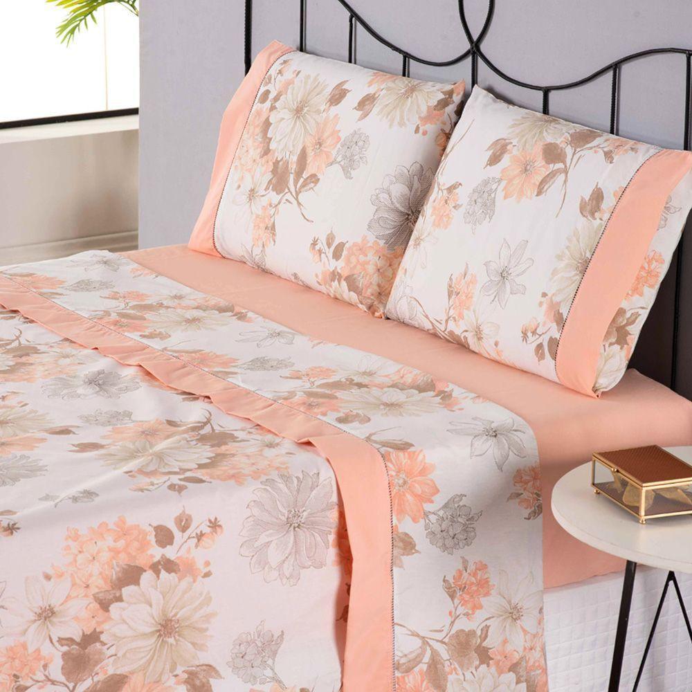 Combo 2 Jogo De Cama Lençol Queen California 4 Peças Salmão Cinza 100% Poliéster - 2