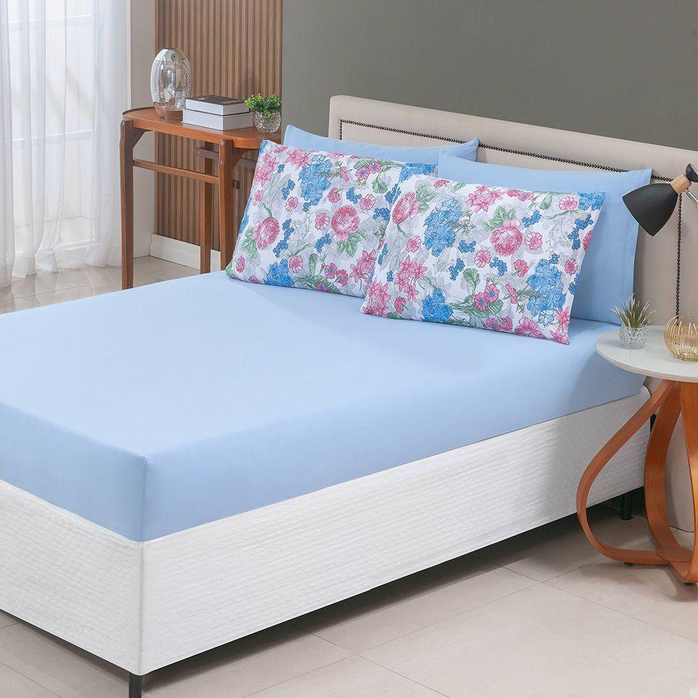 Jogo De Cama Lençol Sonho Bom Queen Em Malha Algodão Azul 100% Algodão - 3