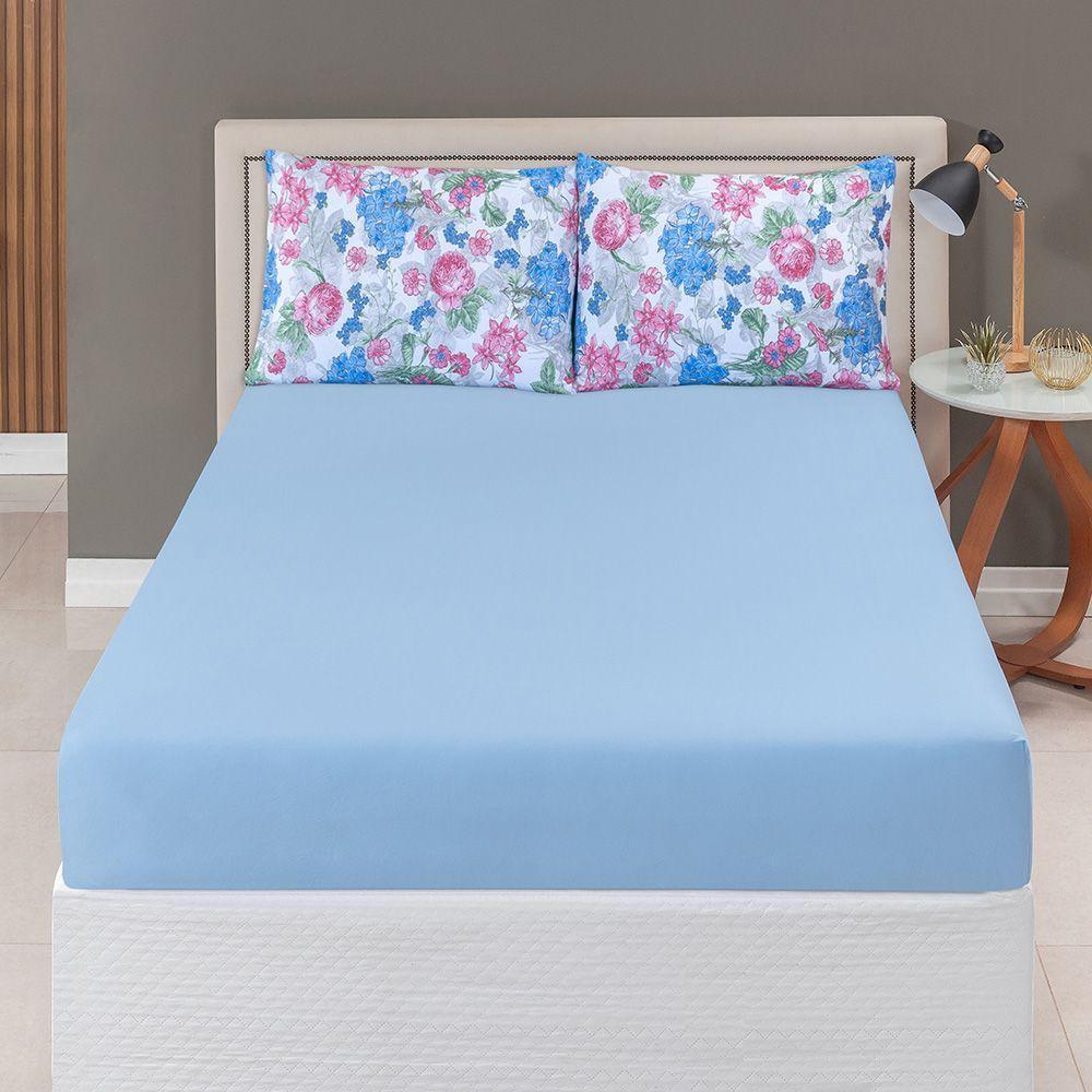 Jogo De Cama Lençol Sonho Bom Queen Em Malha Algodão Azul 100% Algodão - 4