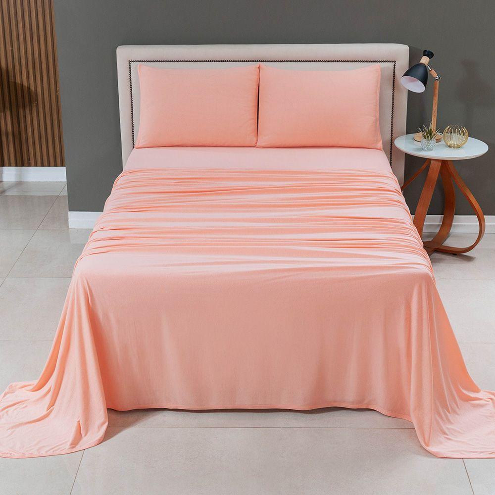 Jogo De Cama Lençol Sereno King Em Malha Algodão 4 Peças Salmão 100% Algodão - 3