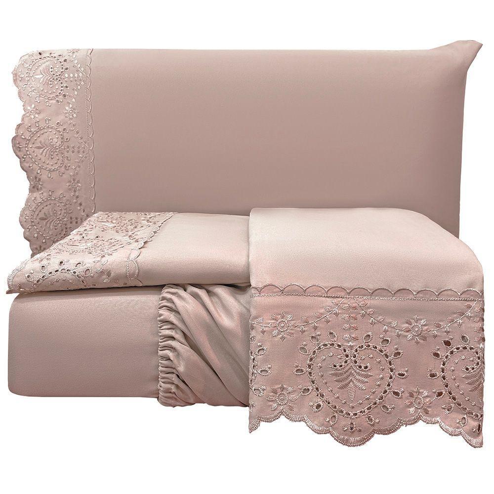 Jogo De Cama Lençol Queen Nupcial Percal 300 Fios 4 Peças Rosê 100% Poliéster - 1