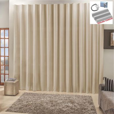 Cortina Top Chick 4 Metros Sala Quarto Tecido Ráfia Trilho Comum - Bege - 100% Poliéster