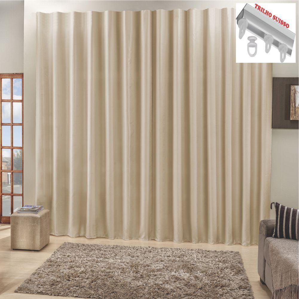 Cortina Top Chick 3 Metros Sala Quarto Tecido Ráfia Trilho Suisso - Bege - 100% Poliéster - 1