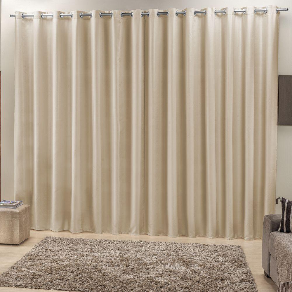 Cortina 2 Mts Sala Quarto Escritório Ráfia Trilho Comum Baratissima Bege - 100% Poliéster - 1