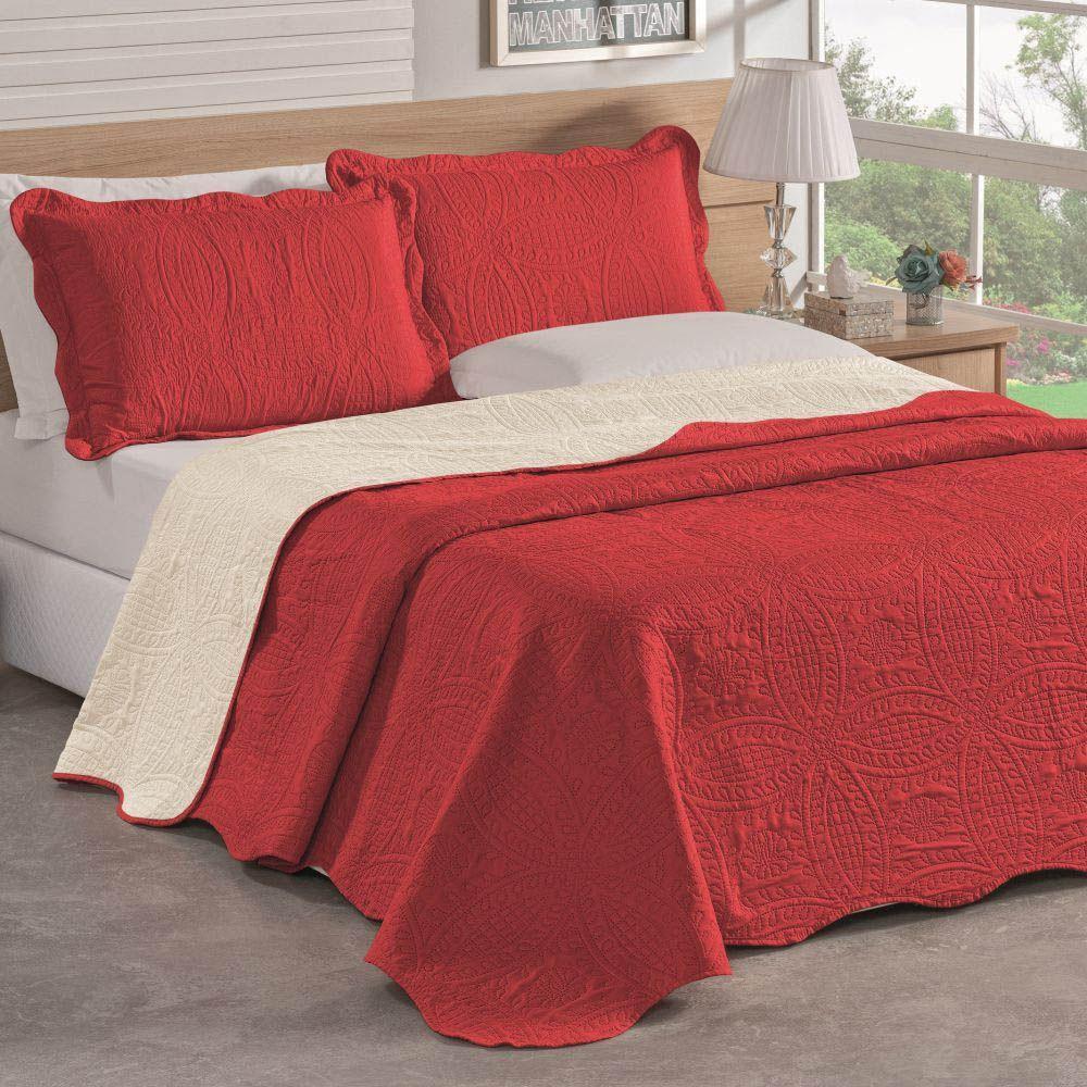 Colcha Casal Padrão Bella Dupla Face 03 Peças Vermelha 100% Poliéster - 1