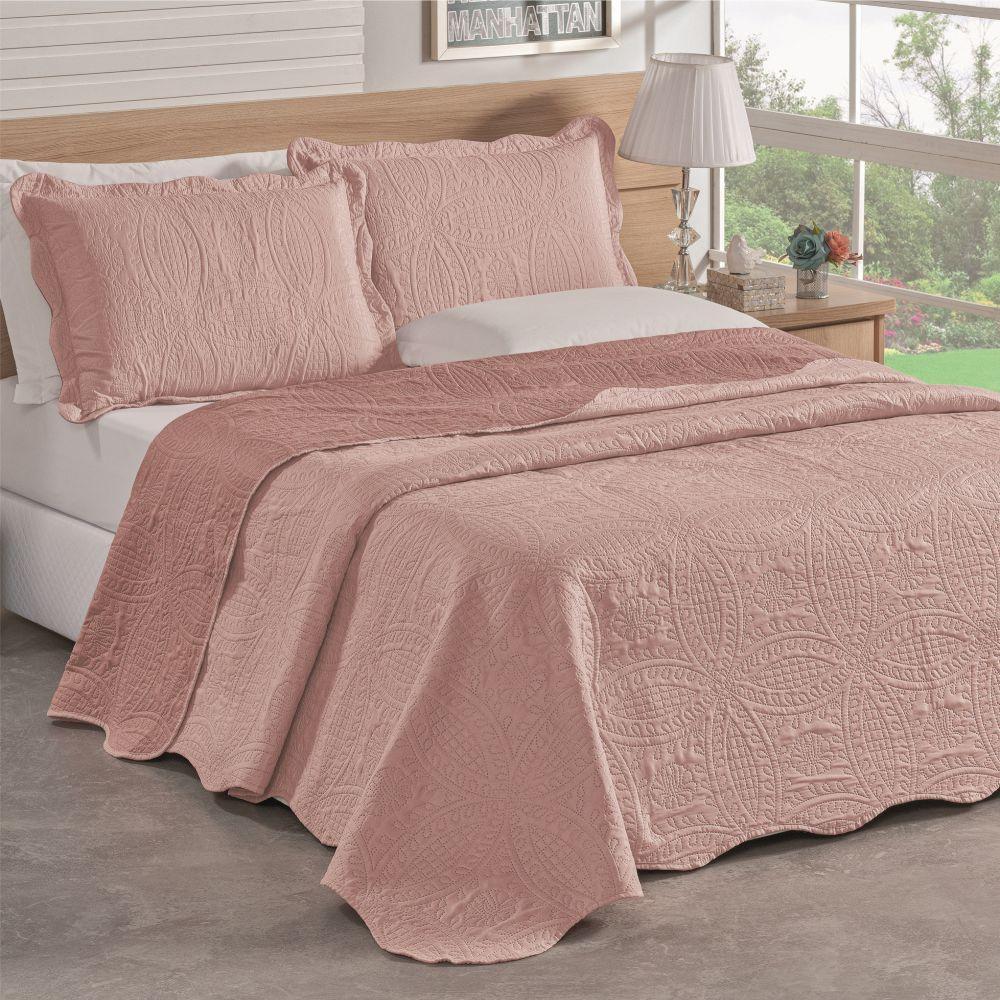 Colcha Casal Padrão Bella Dupla Face 03 Peças Rosê 100% Poliéster - 1