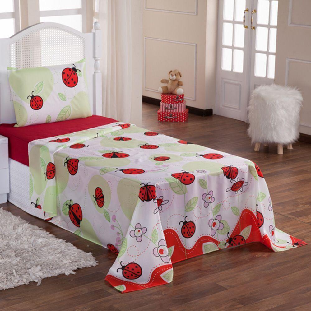 Kit Coordenado Cobre Leito Lençol Solteiro Alegria Vermelho 100% Poliéster - 5