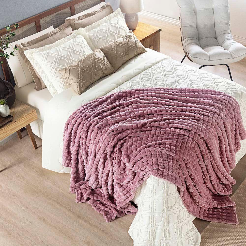 Coordenado Cobre Leito E Cobertor Tok Max Queen Ultrasoft Alto Relevo Dupla Face Rosê 100% Poliéster - 1