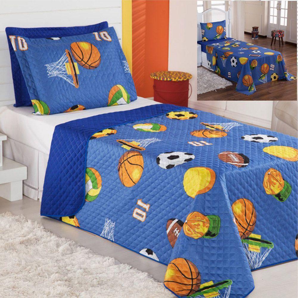 Kit Coordenado Cobre Leito Com Lençol Solteiro Alegria Azul 100% Poliéster - 1