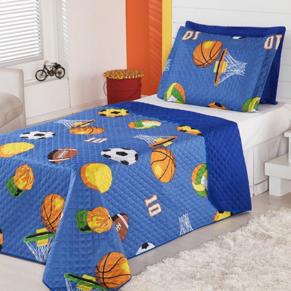 Kit Coordenado Cobre Leito Com Lençol Solteiro Alegria Azul 100% Poliéster - 2